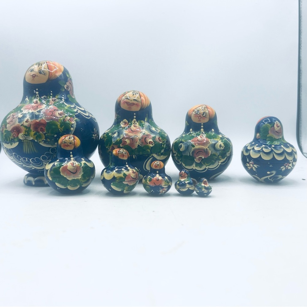 Russian Hand-Painted Blue and Green Nesting Dolls 9 Set